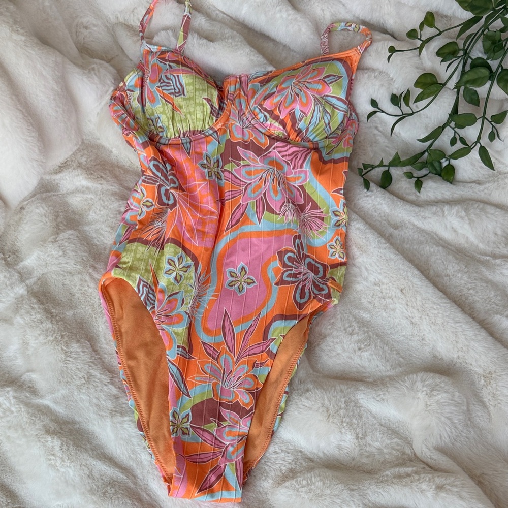 Roxy Orange Pink Floral One-Piece Swimsuit new without tags size small